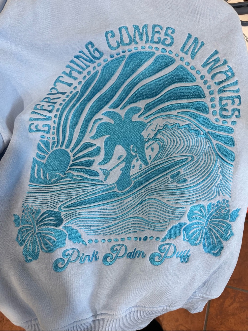 Pink Palm Puff Blue “Everything Comes in Waves” Sweatshirt, Size Medium - Picture 3 of 8